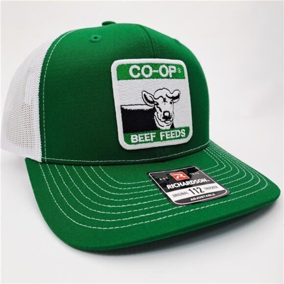 Richardson 112 Co-Op Beef Feeds Trucker Hat Green Mesh Snapback Farm Cattle Cap